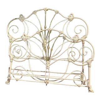 Vintage Queen Iron Bedframe, White and Gold For Sale