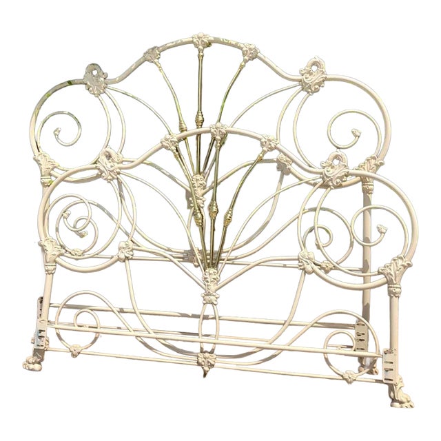 Vintage Queen Iron Bedframe, White and Gold For Sale