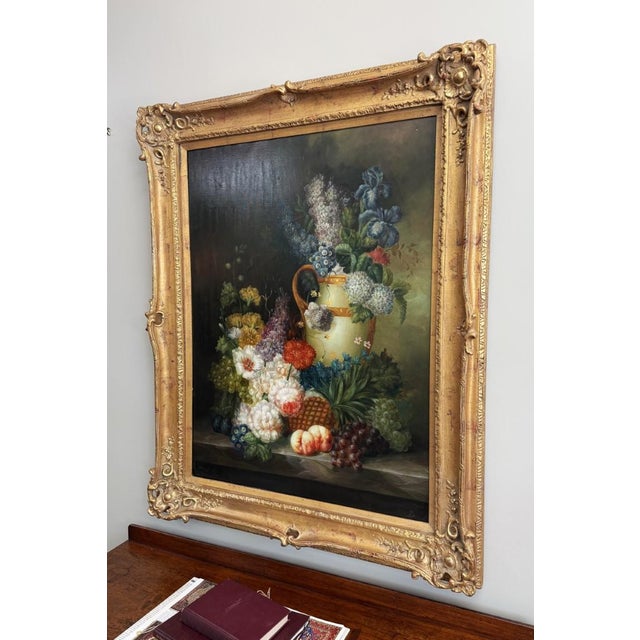 Traditional Mid 20th Century Original Oil on Canvas of Still Life With Flowers and Amphora Vase For Sale - Image 3 of 15