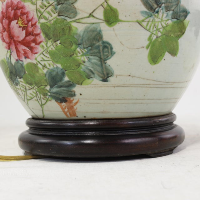 Famille Rose Antique Porcelain Vase Lamp With Bird and Peony Motif on Wood Base For Sale - Image 16 of 17