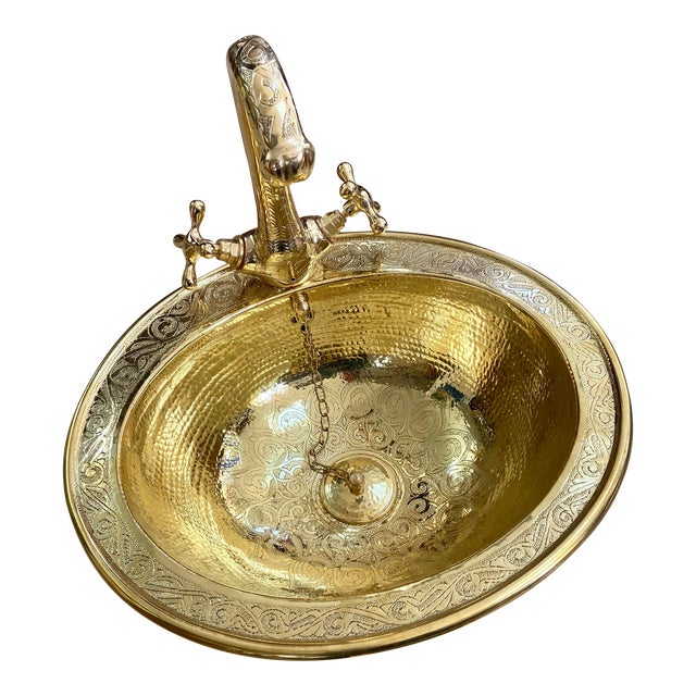 Engraved Moroccan Brass Sink Basin & Faucet Bathroom Set - 2 Pieces For Sale