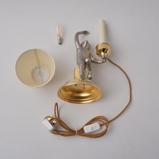 1970's Italian Surrealist Monkey Candlestick Table Lamp by Hauy Pouigo, Signed, Silver Plated Bronze & Brass - Rewired For Sale - Image 10 of 14