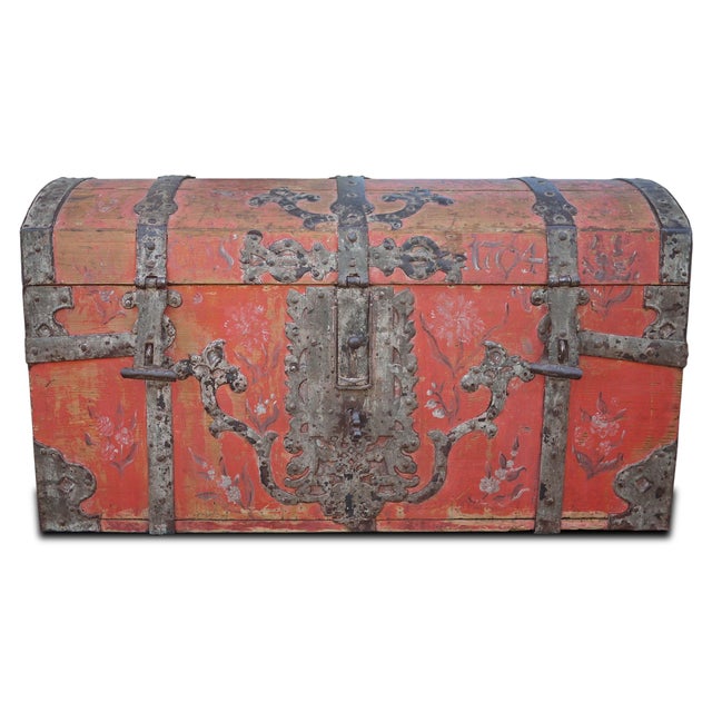 Dated 1704 antique painted chest Rare antique fir wood painted chest, dating back to 1704, featuring hand-forged iron...