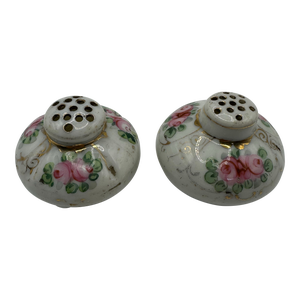 1950s Vintage Pair of Round Ceramic Salt & Pepper Shakers with Hand Painted Pink Roses & Gilt Trim