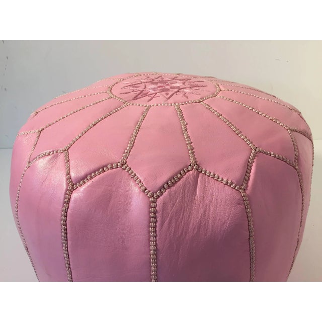 Mid 20th Century Vintage Mid Century Moroccan Baby Pink Color Hand Tooled Leather Pouf For Sale - Image 5 of 9