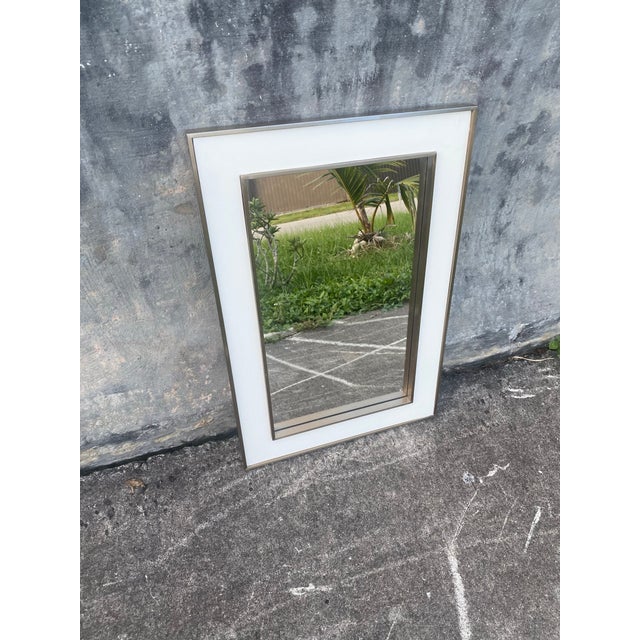 Cream 1970s Lacquered Wood and Brass Mirror 16 by 24” For Sale - Image 8 of 8