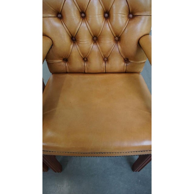 Wood Chesterfield Dining or Conference Chairs in Light Cognac Cowhide Leather, Set of 4 For Sale - Image 7 of 18