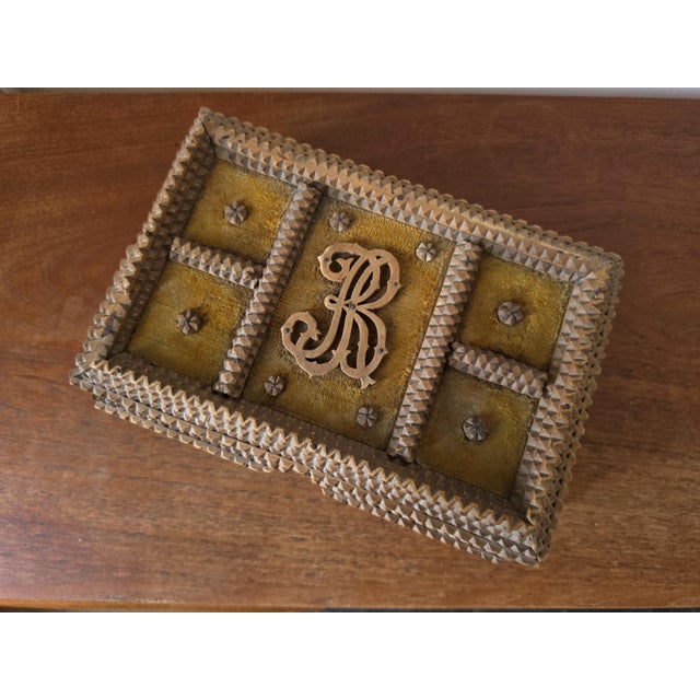 Coffee Antique Tramp Art Box Hand Carved Folk Art Keepsake Box Monogram R Velvet Jewelry Box Primitive Wooden Storage Decor For Sale - Image 8 of 15