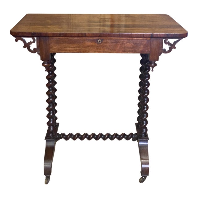 Antique Circa 1850 Rosewood English Barley Twist Stretchered Side Table with Drawer For Sale