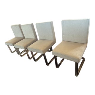 Mid‑Century Lucite Base Dining Chairs – Set of 4 Modern Upholstered Cantilever Chairs For Sale