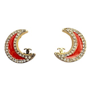 Chanel Vintage Gold Plated CC Red Moon Crystal Clip on Earrings, A Pair For Sale