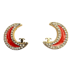 Chanel Vintage Gold Plated CC Red Moon Crystal Clip on Earrings, A Pair