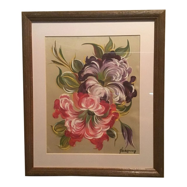 Mid Century Original Oil Floral Painting on Silk, Framed For Sale