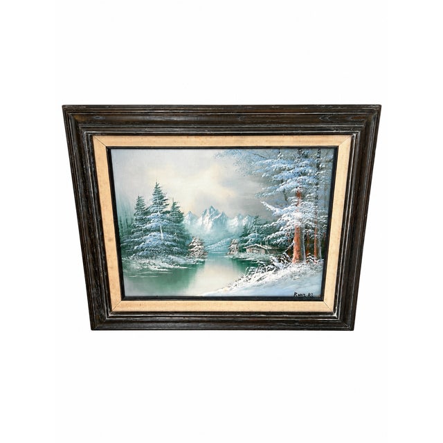Late 20th Century Signed Winter Mountain Lake and Cabin Painting in Dark Wood Frame For Sale - Image 5 of 7