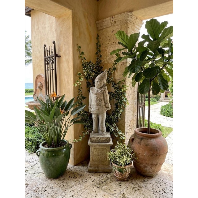 Vintage Cast Stone Pierrot Garden Statue on Pedestal For Sale - Image 11 of 12