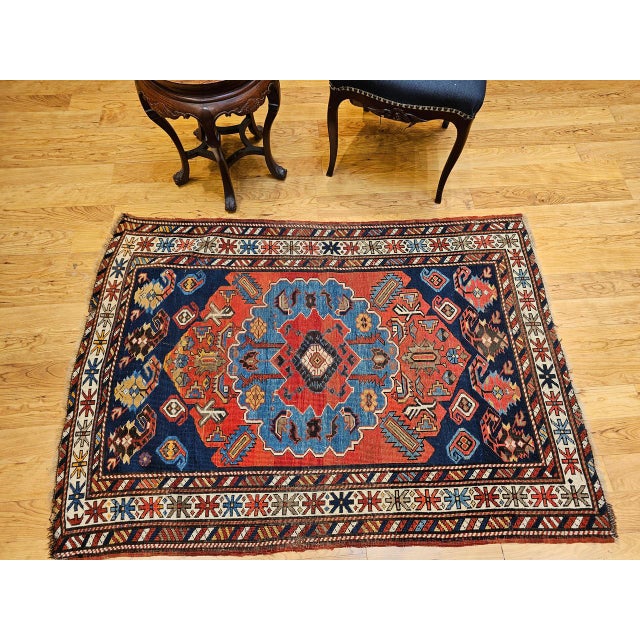 Antique Caucasian Kazak Area Rug, Handwoven Wool, Geometric Medallion Design, Late 1800s, 4' x 5' For Sale - Image 10 of 18