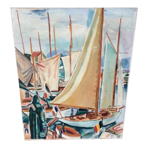 Mid 20th Century French Nautical Oil Painting on Canvas