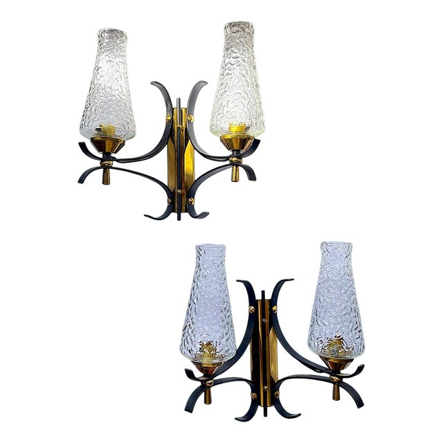 Mid-Century Italian Modern Brass and Textured Glass Double Wall Sconces, 1960s, Set of 2 For Sale
