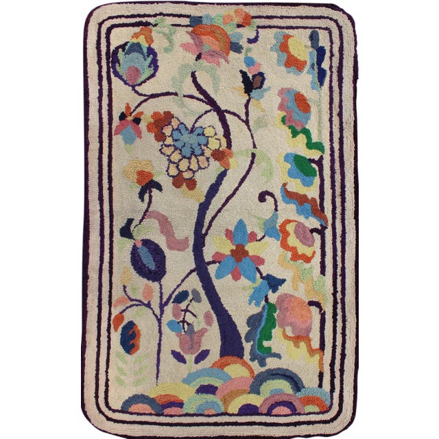 Colorful Vintage American Hooked Rug With Branching Rainbow-Colored Flowers For Sale