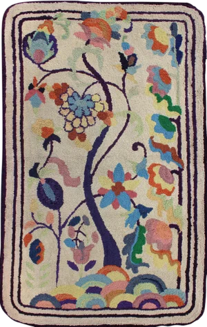 Colorful Vintage American Hooked Rug With Branching Rainbow-Colored Flowers