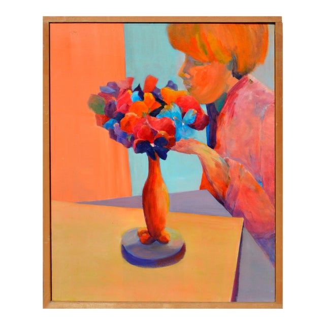 Impressionist Woman with Flowers Figurative Oil on Canvas 1980 For Sale