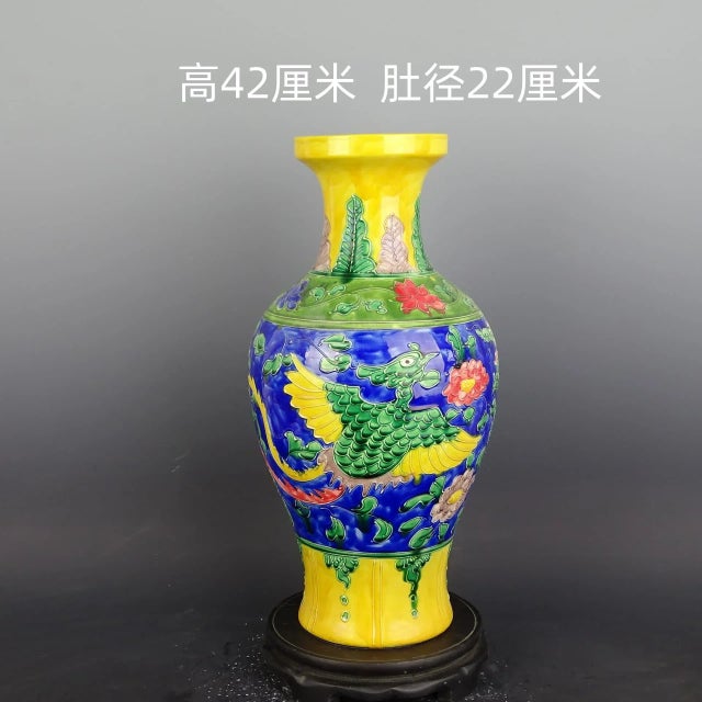 Art Deco Chinese Vintage Ceramic Vase,Ming Dynasty Yongle Marked Yellow Ground Famille Verte Porcelain Fish Tail Vase With Dragon Phoenix Relief For Sale - Image 3 of 7