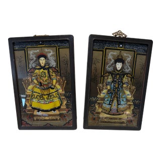 1920s Pair of Chinese Reverse Glass Ancestral Portraits of Emperer and Empress Qing Dynasty For Sale