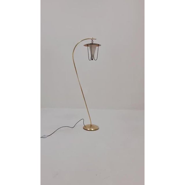 Mid century brass German arc floor lamp, 1960s The frame is made of brass Height: 146 cm width: 40 cm Diameter: 26 cm Good...