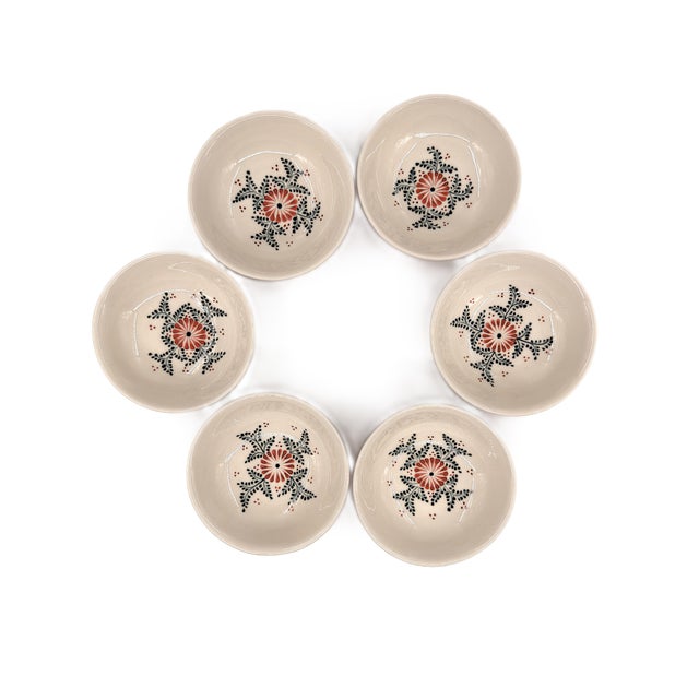 Ceramic Asian Modern Bat Trang Vietnam Multipurpose Ceramic Bowls Hand Painted in Red & Blue Floral Motif - Set of 6 For Sale - Image 7 of 8