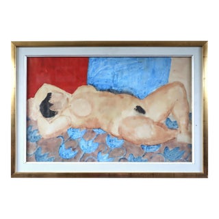 Mid-Century Modern 'Reclining Figure on Rug' Original Swedish Figurative Watercolour Painting, Framed For Sale
