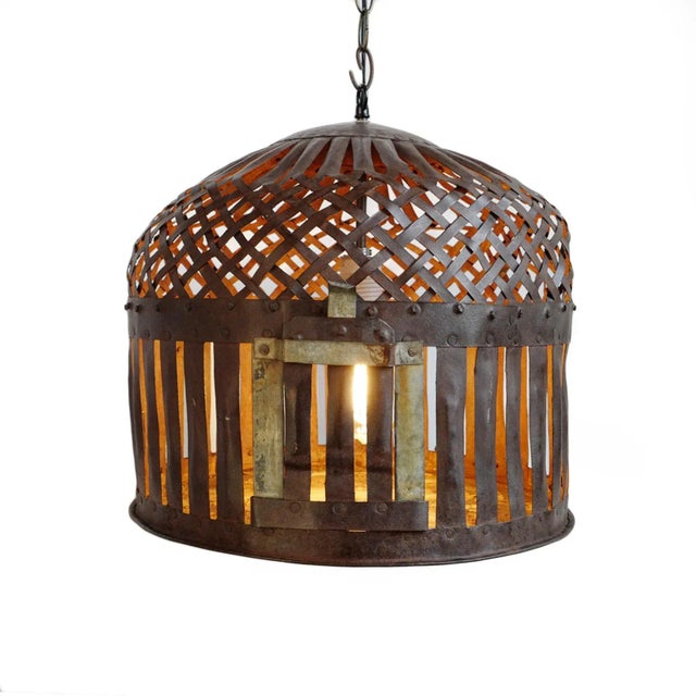 Original vintage iron basket cage, repurposed into unique industrial farm style lighting fixture. Beautiful aged and...