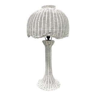 Vintage Rattan Mushroom Lamp in White – Coastal Boho / Palm Beach Regency For Sale