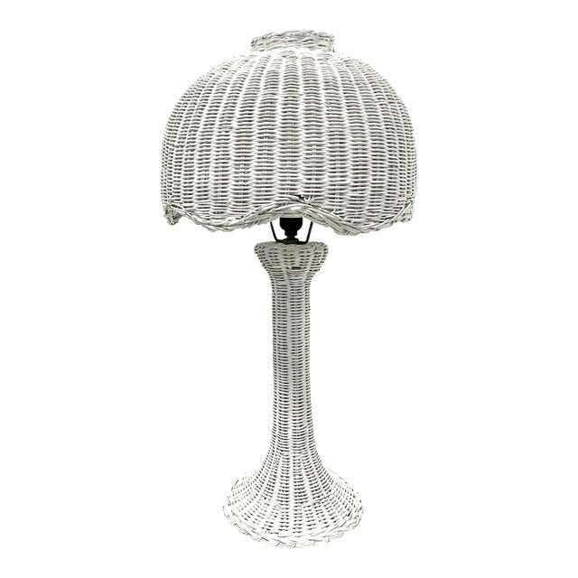 Vintage Rattan Mushroom Lamp in White – Coastal Boho / Palm Beach Regency For Sale