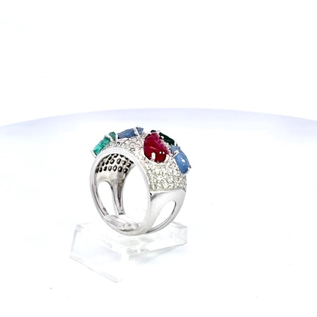 Metal Vintage Multi-Gemstone Cocktail Ring in 18k White Gold, Size 6.25 For Sale - Image 7 of 9