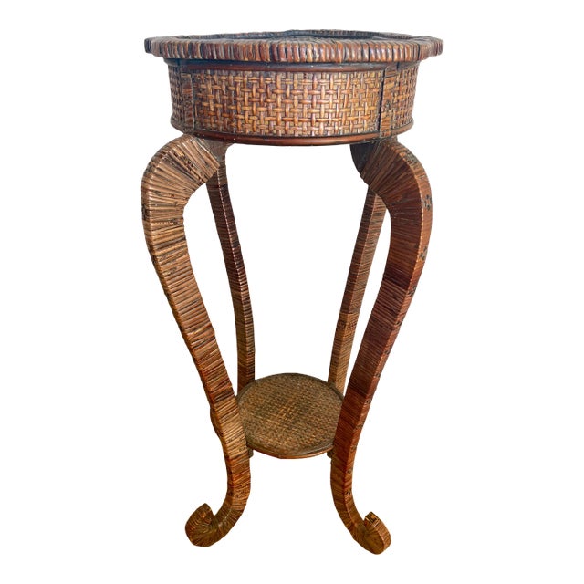 Antique Victorian Rattan Curved Leg Plant Stand With Shelf For Sale