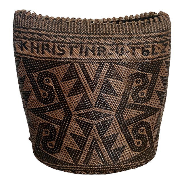 1973 Hand Woven Rattan Basket, Tote, Backpack, Borneo - Indonesia, Signed and Dated For Sale