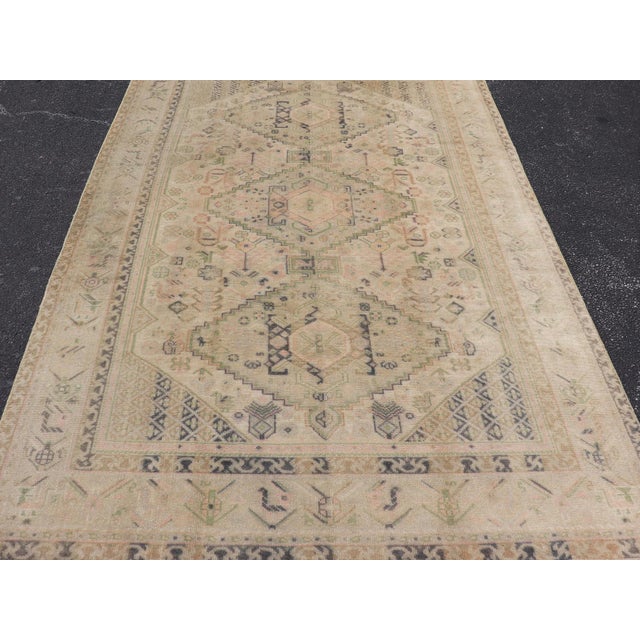 Vintage Turkish Tribal Medallion Oushak in Muted Green, Pink, and Off White For Sale In Atlanta - Image 6 of 16