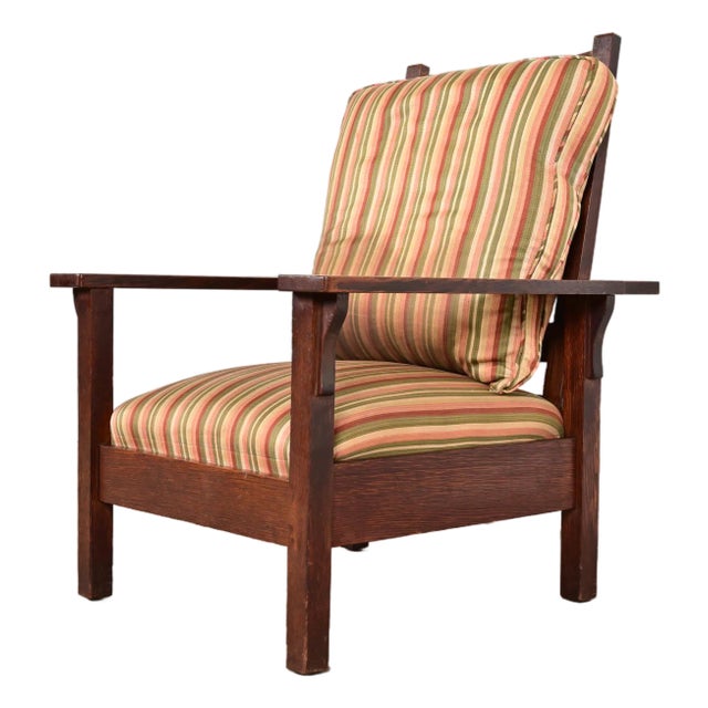 Charles Stickley Antique Mission Oak Arts & Crafts Reclining Morris Lounge Chair, Circa 1910 For Sale