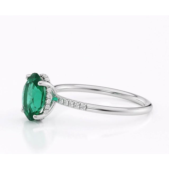 Natural 1.25 Ct Oval Cut Natural Emerald & 0.85 Ct Natural Pave Diamond Hidden Halo Engagement Ring with size 3.75 in 14 K...