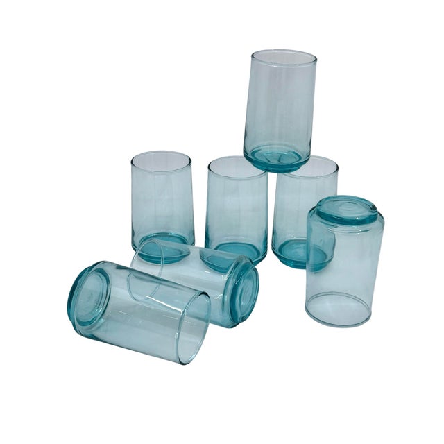 Art Nouveau Vintage Turquoise Glass Blue Small Juice Tumblers - A Set of 7 For Sale - Image 3 of 7