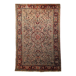 Vintage Persian Heriz Rug, Handwoven Allover Geometric Pattern, Ivory & Red, 7’ X 10’ For Sale