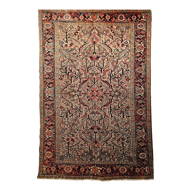 Vintage Persian Heriz Rug, Handwoven Allover Geometric Pattern, Ivory & Red, 7’ X 10’ For Sale