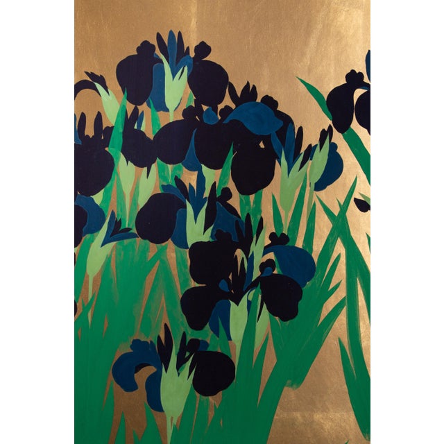 Japanese Gold Leaf Iris Four-Panel Folding Screen After Ogata Kōrin, 1983-1984 For Sale - Image 4 of 11