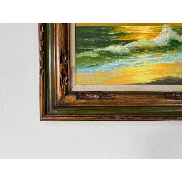 Wood 1980’s Vintage Sunset Ocean Landscape Oil on Canvas Painting – Unsigned For Sale - Image 7 of 11