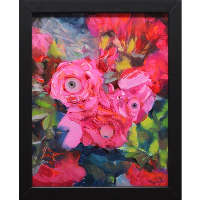 In "Blooming Eyes 1," vibrant pink roses emerge against a backdrop of swirling colors, creating a striking contrast that...