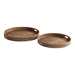 Burma Rattan Round Ottoman Trays Large, Set Of 2