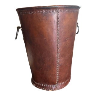 Vintage Antique 13" Leather Stitched Waste Basket Can With Ring Handles For Sale