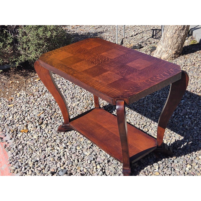 1930s Antique French Art Deco Side Table Parquet Top Oak For Sale - Image 5 of 7