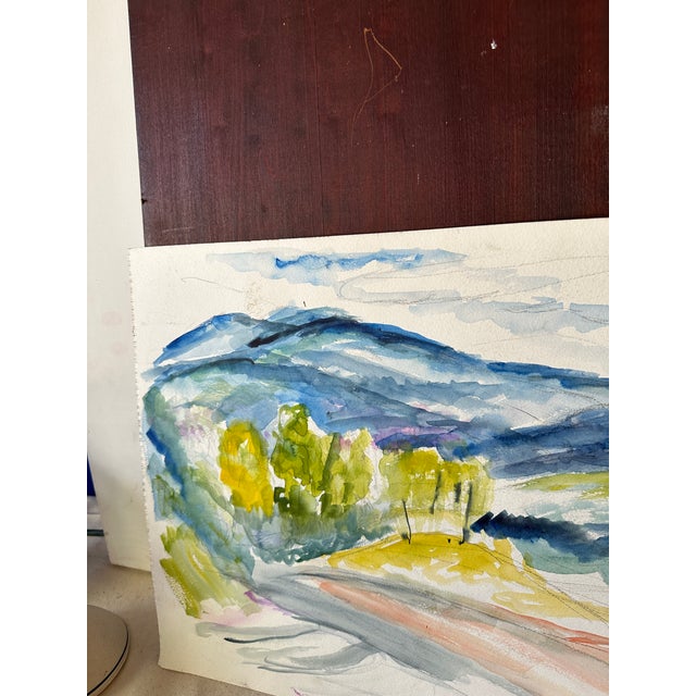 Vintage Landscape Watercolor Painting of Trees and Mountains For Sale - Image 9 of 10