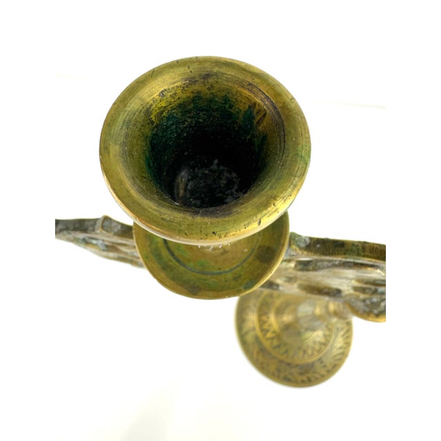 Ornate Vintage Brass Five-Arm Candelabra With Stylized Lions and Hand-Etched Detail For Sale - Image 9 of 16